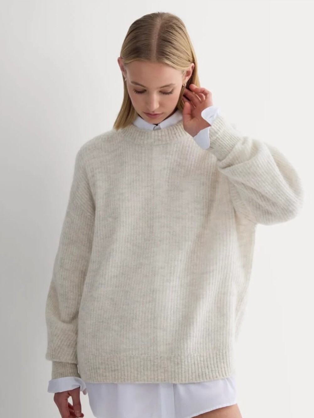 Everlane Sweater Cocoon Alpaca Almond Ribbed Knit Crewneck